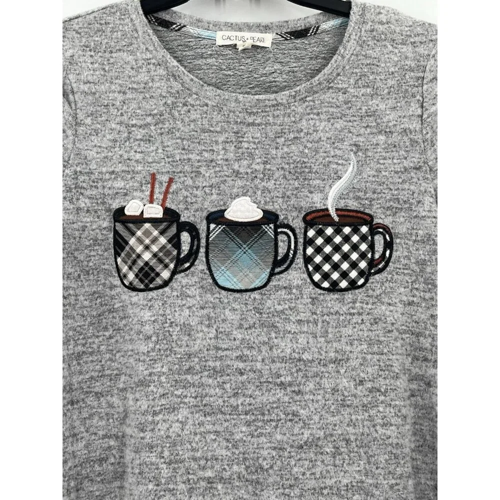 Cactus + Pearl Sweater Hi Low Women’s Medium Embroidery Grey Coffee Hot Cocoa